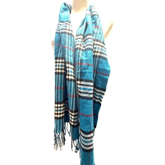 SCARF blue Flannel look teal red black white 12.5 x 65.5" with fringe extra - Picture 1 of 8